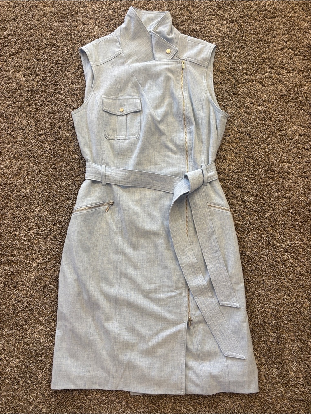 Calvin Klein Sleeveless Chambray-Style Zip Front Midi Dress